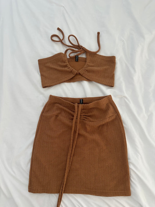 Brown Waffle Skirt Set